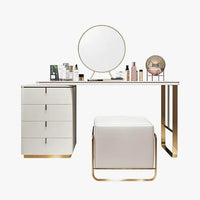 Large Vanity Set Makeup Vanity Dressing Table with 4 Drawers, 47" Vanity Desk with Stainless Steel Frame Legs, Dressing Table Set with PU Leather, Side Cabinet, Mirror and Stool, White
