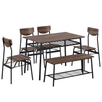6-Piece Dining Set with Storage Racks, Modern Dining Table Set with Rectangular Table, Bench and 4 High Backrest Chairs for 6 Person with Steel Frame for Dining Room Living Room Kitchen, Natural