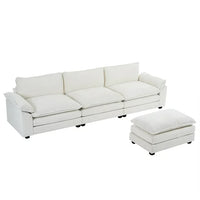 Chenille Fabric Modular Sofa with Footstool, L-Shape Couch with Armrests and Double Layer Seat Cushion, 3-Seat Convertible Sectional Sofa for Bedroom, Living Room, Apartment, White