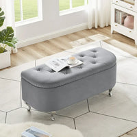 Velvet Storage Bench, Tufted Upholstered End of Bed Bench with Nail Head Decor and Metal Legs, Flip Top Storage Ottoman for Bedroom, Living Room, Entryway, Gray