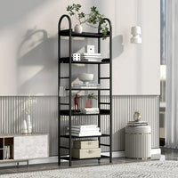 70.8 Inch Tall Bookshelf, 6-tier Shelves Bookcase with Round Top Frame, MDF Boards Book Shelf with Adjustable Foot Pads, Storage Shelves for Living Room, Study, Bathroom (Black)