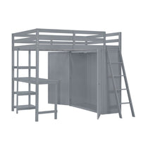 Full Size Loft Bed with Desk and Wardrobe, Solid Wood Loft Bed Frame with Inclined Ladder and Full-Length Guardrail, Loft Bed with Desk and Storage for Kids Teens Girls Boys Bedroom Dorm, Gray