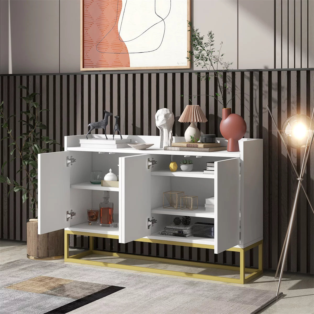 Sideboard with Large Storage Space, Elegant Buffet Cabinet Entryway Table with Door Rebound Device, Modern Console Table with Gold Metal Legs for Dining Room Entryway, White