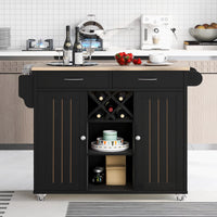 48 Inch Storage Cabinet with 2 Drawers and Open Shelves, Wood Modern Sideboard with 4 Locking Wheels and Wine Rack, Entryway Buffet Side Table Cupboard with Towel Rack for Living Room Kitchen, Black
