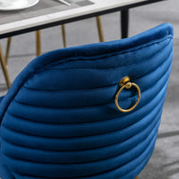 Set of 2 Velvet Dining Chair, Mid Century Velvet Upholstered Accent Chairs with Barrel Backrest and Ring Pull, Modern Side Chairs with Gold Metal Legs for Dining Room Living Room Bedroom, Blue