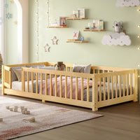 Triple Tree Twin Size Bed Floor Bed with Safety Guardrails and Door for Kids, Natural