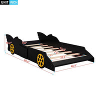Twin Size Race Car-Shaped Platform Bed with Wheels, Wood Platform Bed with Wood Slats Support, Floor Bed for Kids Boys Girls, No Box Spring Required, Black+Yellow