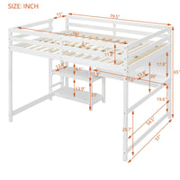 Full Size Loft Bed with Desk,Writing Board and 3-Tier Shelves,Wooden Loft Bed Frame with Safety Guardrails and Side Ladder,for Kids Teens Adults,No Box Spring Needed,White
