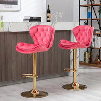 Bar Stools Set of 2, Velvet Upholstered Counter Height Barstools with Soft Cushions & Footrest & Gold Metal Base, Swivel Height Adjustable Dining Chairs for Kitchen Island, Living Room, Pink