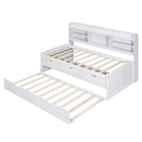 Twin Bed Frames, Bed Frame with Trundle and Built-in Bookshelves, Wooden Captain Bed Twin Size Bed Frames, Storage Bed with Three Storage Drawers for Adults Boys and Girls, White Wash