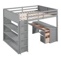 Full Size Loft Bed with Desk, Wood Loft Bed Frame with 5 Storage Drawers, 3 Tiers Shelves and Safety Guardrails, High Bed with Side Ladder for Boys Girls Teens Adults, No Box Spring Needed, Grey