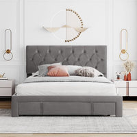 JINS & VICO Platform Bed, Queen Size Platform Bed Frame with a Big Drawer and Button Tufted Headboard, Velvet Upholstered Storage Platform Bed for Kids Adults Bedroom, Gray