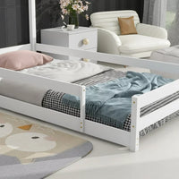 Twin Size Floor Bed Wooden Montessori Floor Bed with House-Shaped Headboard and Fence Guardrails Twin Bed Frame for Girls and Boys, No Weight Limit, White
