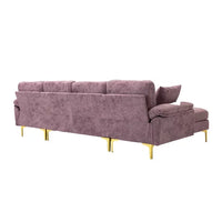 Convertible L-Shaped Sectional Sofa with Movable Ottoman, Upholstered Accent Sofa with 2 Pillows and Golden Metal Legs, Modular Sectional Couch Sets for Living Room Office Apartment, Purple