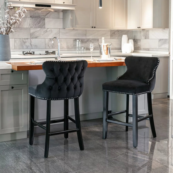 Counter Height Bar Stools Set of 2, Velvet Upholstered Barstools with Button Tufted, Nailhead Trim and Wooden Legs, Wing-Back Bar Chairs Counter Stools for Kitchen Island Dining Room Pub Cafe, Black
