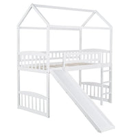 Twin Loft Bed with Slide and Ladder, Wood House Bed with Roof and Guardrails for for Kids Girls/Boys, White 77.4''L x 42.5''W x84.4''H