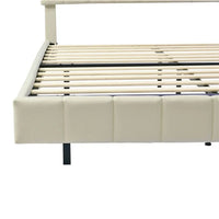 Queen Bed Frame with Led Lights,Upholstered Platform Bed Frame with USB Charging and Headboard, PU Floating Bed Frame for Living Room, Strong Wood Slat Support,No Box Spring Needed,Beige