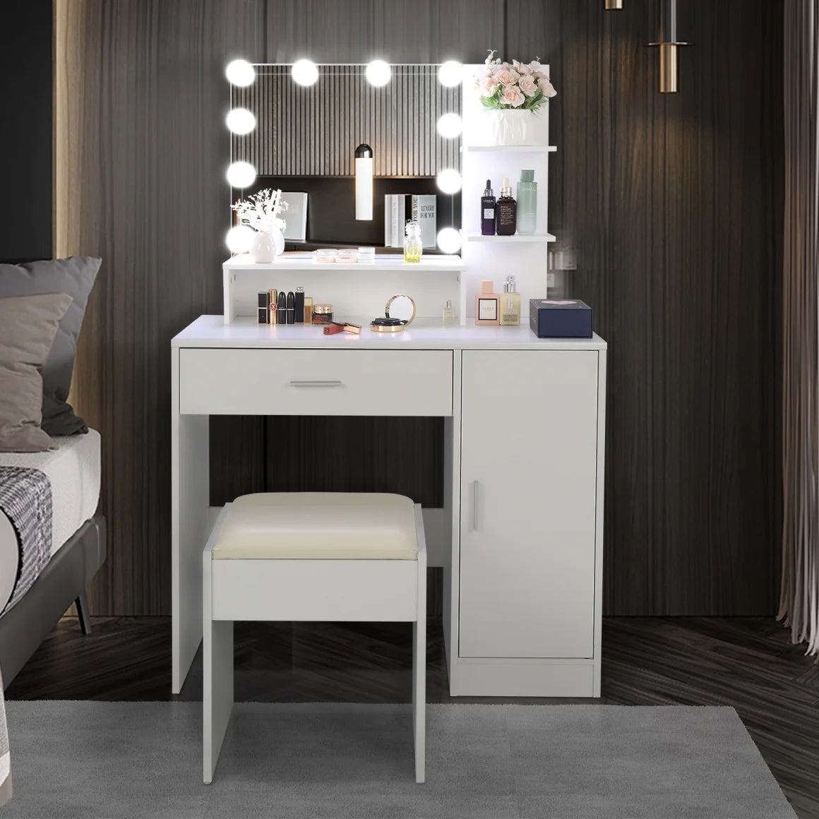 Makeup Vanity Desk with Lighted Mirror and 3 Shelves, White Dressing Table with A Drawer and A Cabniet, Vanity Table with Metal Frame and Particle Board, Modern Vanity Table with Mirror for Bedroom