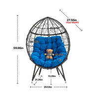 Outdoor Patio Wicker Egg Chair, Oversized Indoor Outdoor Lounger Chair with Comfy Cushion, Basket Wicker Chair for Patio, Backyard, Poolside, Living Room, Blue