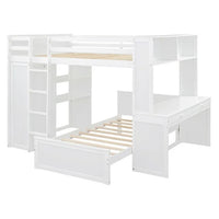 Full Size Loft Bed, Wood Loft Bed with Desk and Stand-Alone Bed, Bunk Bed with Storage Shelves and Wardrobe, Loft Bed Frame for Teens Boys & Girls, White