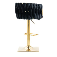 Bar Stool Set of 2, Velvet Swivel Barstools with Woven Back, Height Adjustable Counter Stools, Modern Dining Chair with Footrest, Upholstered Bar Chairs for Kitchen Island Cafe Pub, Black