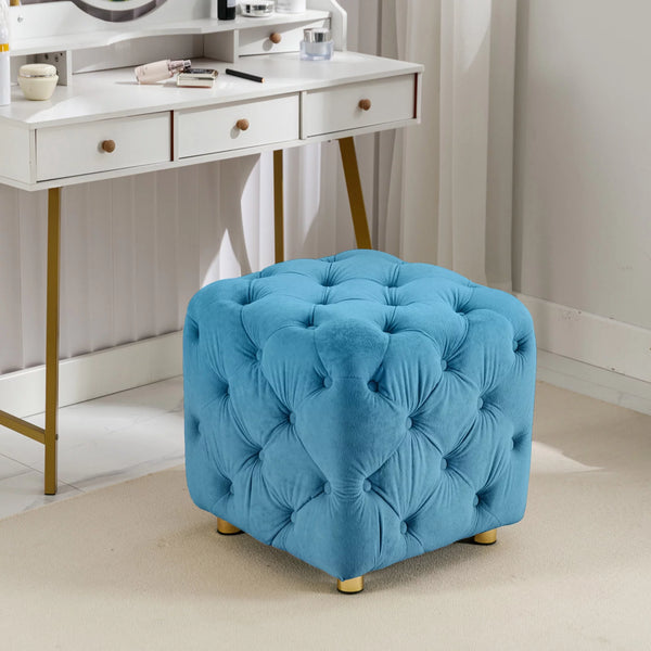 Modern Velvet Upholstered Ottoman, Button Tufted Round Ottoman Soft Foot Stool Padded Foot Rest with Metal Legs, Dressing Makeup Chair Comfortable Seat for Living Room, Bedroom, Entrance, Blue