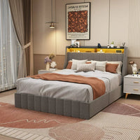 Full Size Platform Bed with LED,Linen Fabric Upholstery Platform Bed Frame with Wings Storage Headboard Design and 4 Drawers,Light Grey