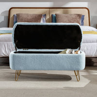 Storage Ottoman Bench with Golden Metal Legs,Modern Faux Fur Entryway Bench,Accent Ottoman Bench Upholstered Padded with Storage for Living Room Bedroom Foyer,Blue