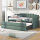 Twin Size Upholstered Daybed with Twin Size Trundle and Three Drawers, Linen Storage Sofa Bed Daybed with Backrest and Wooden Slat Support, Solid Wood Daybed Frame for Home, Green