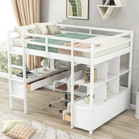 Multifunctional Loft Bed with Built-in Desk and 2 Drawers,Full Size Loft Bed Frame with Storage Shelves and Drawers,Solid Wood Bed Frame with Ladder and Guardrail for Kids Teens Adults,White