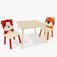 Kids Table and 2 Chairs Set with Cartoon Animal Decoration, 3 Pieces Wooden Toddler Table and Chair Set, Activity Play Table Set for Boys, Girls Arts Reading Writing Age 3 Years+, Bear&Tiger
