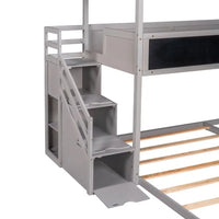 L-Shaped Bunk Beds with Stairs, Twin over Full Floor House Bunk Bed with Full-Length Guardrail & Roof & Blackboard Wood, Space-Saving Loft Bed for Kids Girls Boys, No Box Spring Needed, Gray