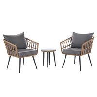 3 Piece Patio Bistro Set, Outdoor Bistro Furniture Set with 2 PE Rattan Arm Chairs and Glass Top Side Table Patio Conversation Bistro Set for Porch, Outdoor, Backyard, Apartment, Balcony, Dark Gray