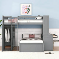 Twin Over Full Bunk Bed with Desk & Wardrobe, Convertible Full Loft Bed & Twin Platform Bed, Wood L Shaped bunk bed with Shelves for Chrildren, Teens, Adult,No Box Spring Needed
