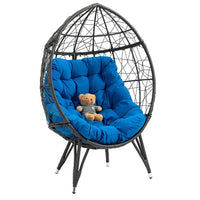 Outdoor Patio Wicker Egg Chair, Oversized Indoor Outdoor Lounger Chair with Comfy Cushion, Basket Wicker Chair for Patio, Backyard, Poolside, Living Room, Blue