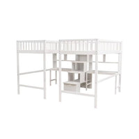 Twin & Twin Size Loft Bed with 2 Built-in Desks and Storage Shelves, Double Shared Two Twin Loft Bed with Storage Staircase, Solid Wood Loft Bed Frame with Safety Guardrail for Kids Teens, White