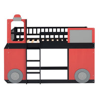 Train Shaped Bunk Bed with Window, Wood Twin Over Twin Loft Bed Frame with Full-Length Guardrail & Ladders, Multifunctional Floor Loft Bunk Bed for Boys Girls, Space-Saving, No Box Spring Needed, Red