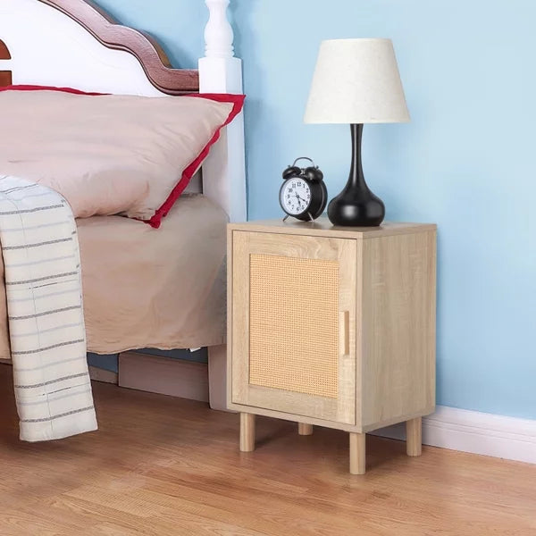 Rattan Nightstand, Rattan Cabinet, Nightstand with Rattan Decorated Door and Solid Wood Legs, End Table with Storage for Bedroom, Living Room, Hallway and Small Spaces, Rustic Natural