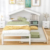 Twin Size Trundle Bed, Plat Bed Frame with Trundle, Twin Size Platform Bed with Bookcase Headboard and Pull Out Trundle Bed, Twin Bed Frame with Storage Shelves for Kids and Teens, White