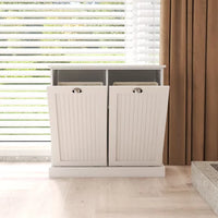Double Tilt Out Trash Cabinet Wooden Free Standing Laundry Sorter Cabinet, Recycling Cabinet,Tilt Out Trash Cabinet Can Bin Kitchen (White)