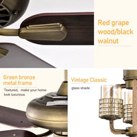 Ceiling Fan, Quiet Ecological Chandelier Fan with 5 Wood Blades 3 Light Kit and Remote Control, Quiet Ecological Chandelier Fan, Reversible Airflow-Bronze Metal Finish