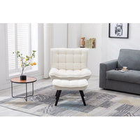 Soft Teddy Fabric Chair with Ottoman, Modern Accent Chair with Black Metal Legs, Upholstered Seat Leisure Chair for Living Room, Indoor Home, White Teddy