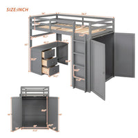 Multi-functional Loft Bed,Twin Size Loft Bed Frame with Desk, Wardrobe and 3 Drawers, Wood High Loft Bed Frame with Full-Length Guardrails for Kids Teens Boys Girls, Gray