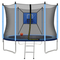 8FT Kids Trampoline, Trampoline Outdoor with Basketball Hoop, Enclosure Net and 2 Steps Ladder, Recreational Trampoline for Indoor, Outdoor and Backyard, Blue