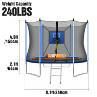 8FT Kids Trampoline, Trampoline Outdoor with Basketball Hoop, Enclosure Net and 2 Steps Ladder, Recreational Trampoline for Indoor, Outdoor and Backyard, Blue