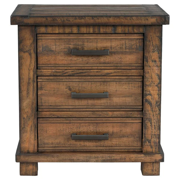 Rustic Three Drawer Reclaimed Pine Wood Nightstand, Wooden Front and Top, Industrial Style Nightstand for Bedroom, 40"W x 18"D x 49"H