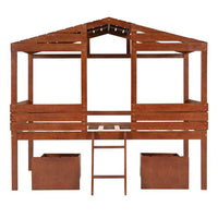 Twin Size Low Loft Bed with 2 Storage Drawers, House Shaped Loft Bed with Roof and Windows, Wood Playhouse Bed for Kids Boys Girls, No Box Spring Needed, Walnut