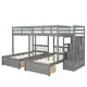Triple Bunk Bed with Staircase and 7 Drawers, L-Shaped Bunk Bed for 3, Solid Wood Full Over Twin & Twin Bunk Bed Frame with Safety Guardrail & Storage Board, Space Saving, No Box Spring Needed, Grey
