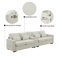 114.2" Upholstered 4-Seat Sofa Couch with Console Table, Storage and Charging Function, Modern Linen Oversized Deep Couch, Comfy Sofa Couch for Living Room, Office, Beige