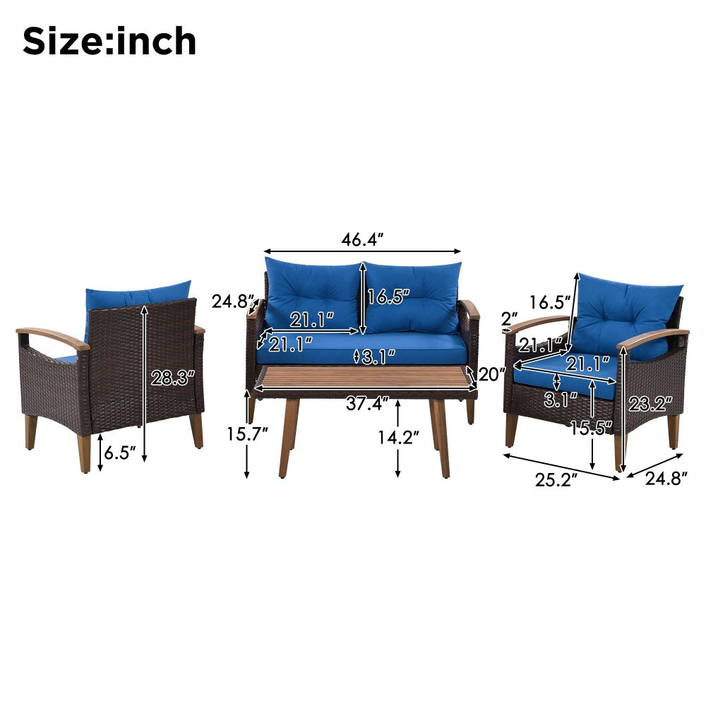 4-Piece Outdoor Sofa Set, PE Rattan Patio Sofa Set with 2 Single Chair, 1 Loveseat and 1 Wood Table, Patio Furniture Set with Solid Legs for Pool Side,Backyard,Garden, Blue